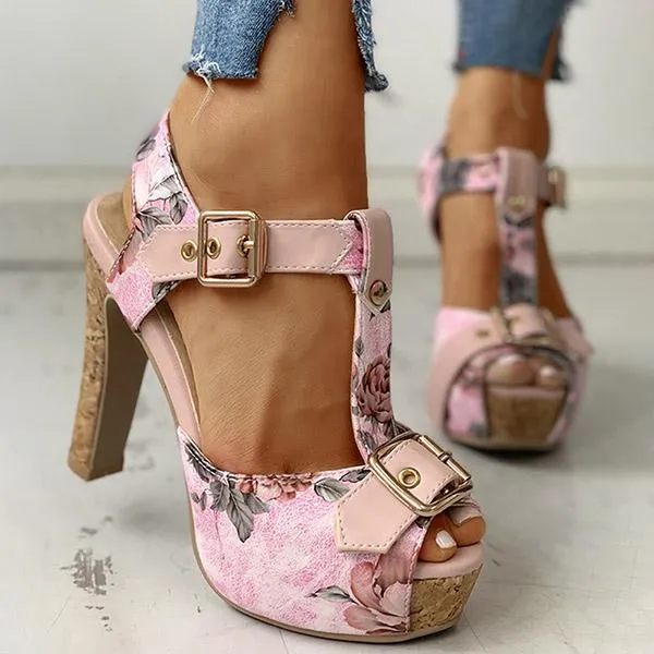 Kimemoda Flower Print Peep Toe Platform Sandals T Strap Ankle Buckle Slingback Chunky Heels